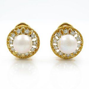 Saya Diamond & Pearl Huggie Ladies Earrings 18k Yellow & White Gold 0.40Cttw